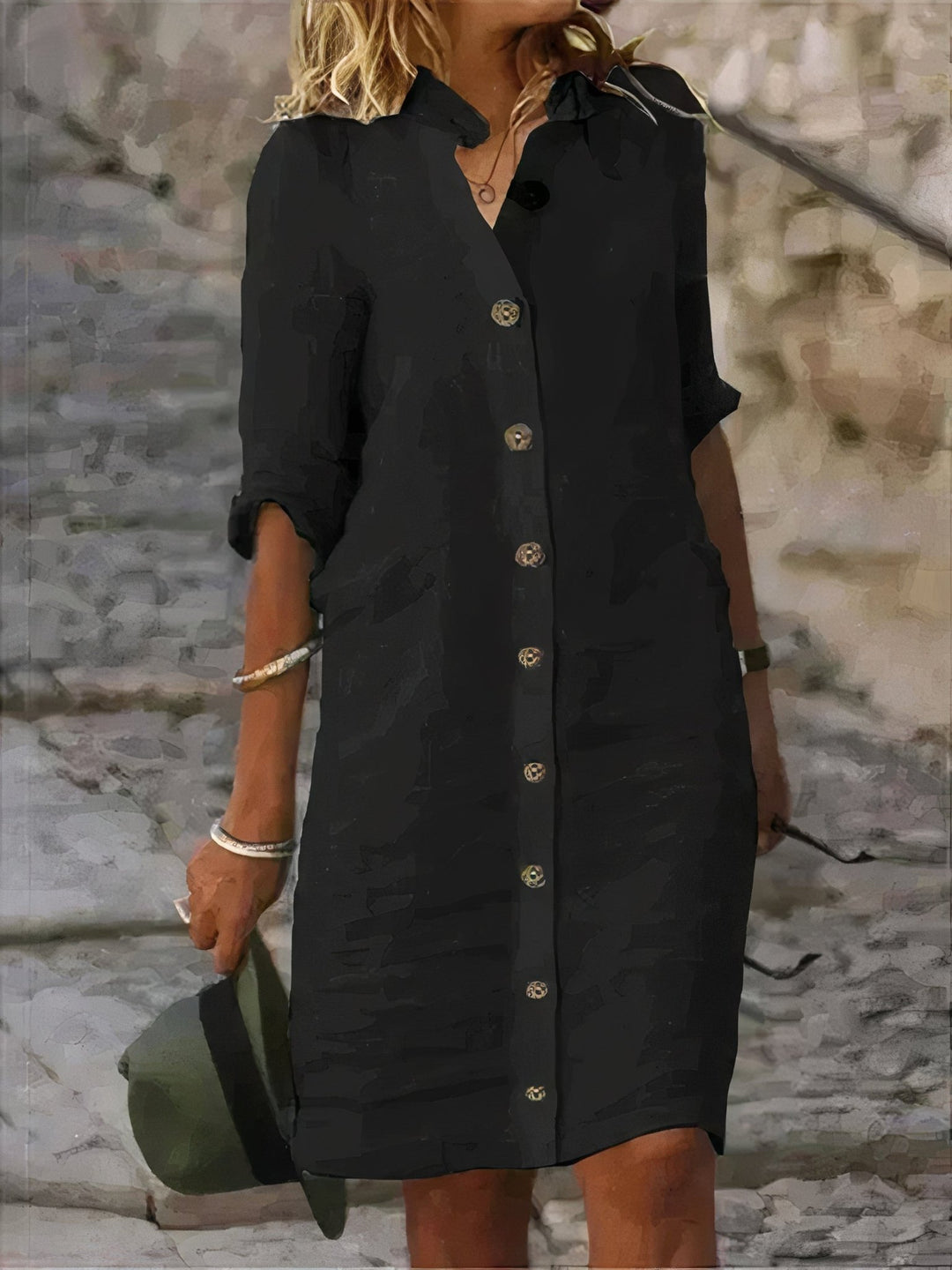 Linnen Midi Zomerjurk met Knoopsluiting en Overhemdkraag - ZovaFashion - Midi Jurk
