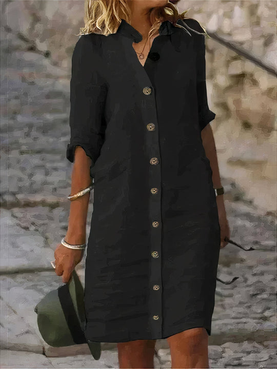 Linnen Midi Zomerjurk met Knoopsluiting en Overhemdkraag - ZovaFashion - Midi Jurk