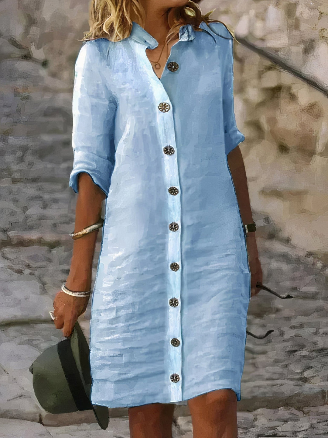 Linnen Midi Zomerjurk met Knoopsluiting en Overhemdkraag - ZovaFashion - Midi Jurk