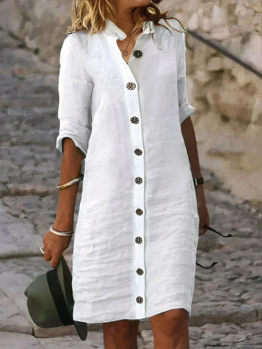 Linnen Midi Zomerjurk met Knoopsluiting en Overhemdkraag - ZovaFashion - Midi Jurk