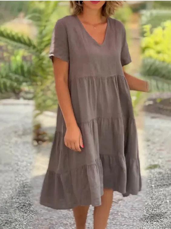 Linnen Midi Zomerjurk met Korte Mouwen en Elegante Pasvorm - Blijf Koel en Chic - ZovaFashion - Midi Jurk