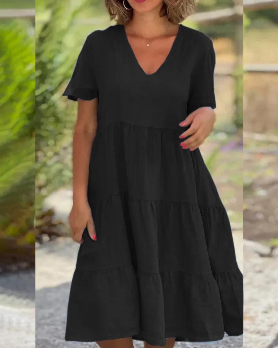 Linnen Midi Zomerjurk met Korte Mouwen en Elegante Pasvorm - Blijf Koel en Chic - ZovaFashion - Midi Jurk