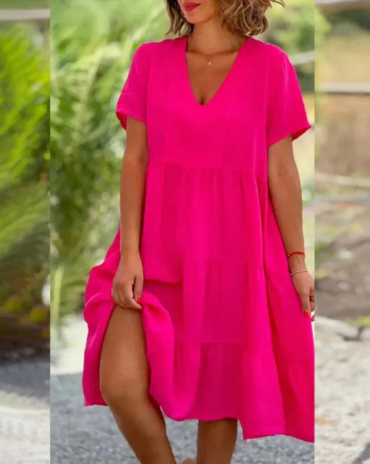 Linnen Midi Zomerjurk met Korte Mouwen en Elegante Pasvorm - Blijf Koel en Chic - ZovaFashion - Midi Jurk