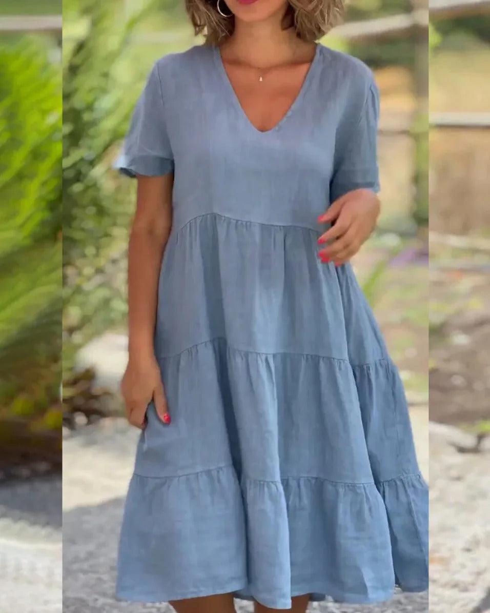 Linnen Midi Zomerjurk met Korte Mouwen en Elegante Pasvorm - Blijf Koel en Chic - ZovaFashion - Midi Jurk