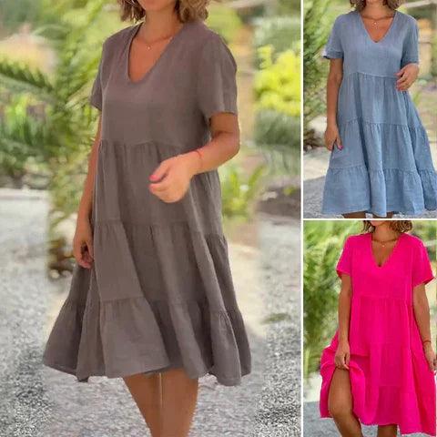 Linnen Midi Zomerjurk met Korte Mouwen en Elegante Pasvorm - Blijf Koel en Chic - ZovaFashion - Midi Jurk