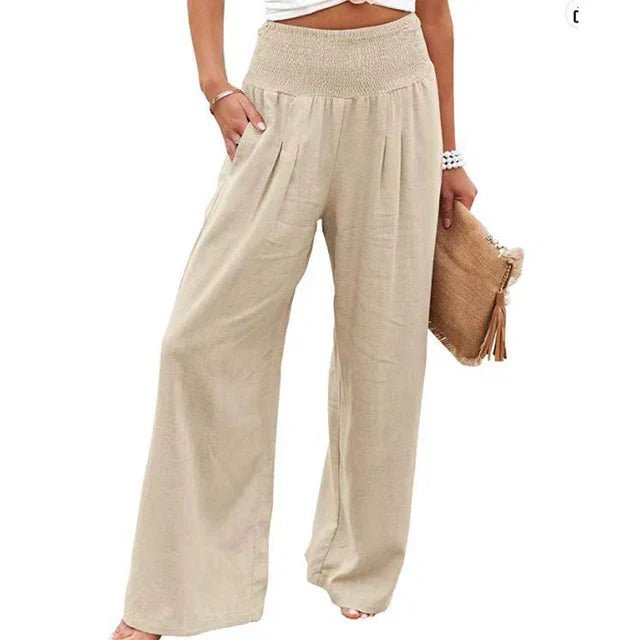 Linnen Pantalon Dames met Elastische Tailleband en Relaxed Fit - ZovaFashion - Lange Broek Dames