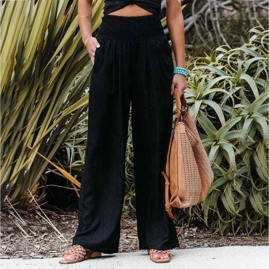 Linnen Pantalon Dames met Elastische Tailleband en Relaxed Fit - ZovaFashion - Lange Broek Dames