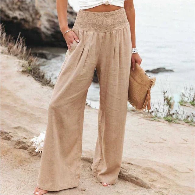 Linnen Pantalon Dames met Elastische Tailleband en Relaxed Fit - ZovaFashion - Lange Broek Dames