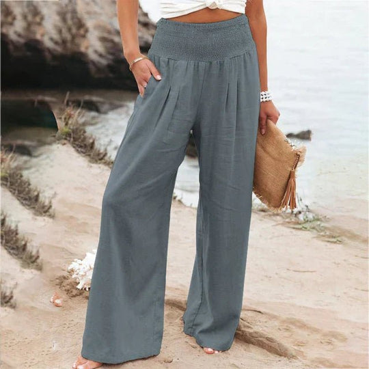 Linnen Pantalon Dames met Elastische Tailleband en Relaxed Fit - ZovaFashion - Lange Broek Dames