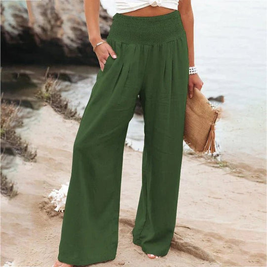 Linnen Pantalon Dames met Elastische Tailleband en Relaxed Fit - ZovaFashion - Lange Broek Dames