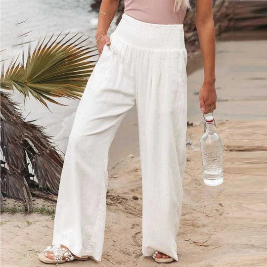 Linnen Pantalon Dames met Elastische Tailleband en Relaxed Fit - ZovaFashion - Lange Broek Dames