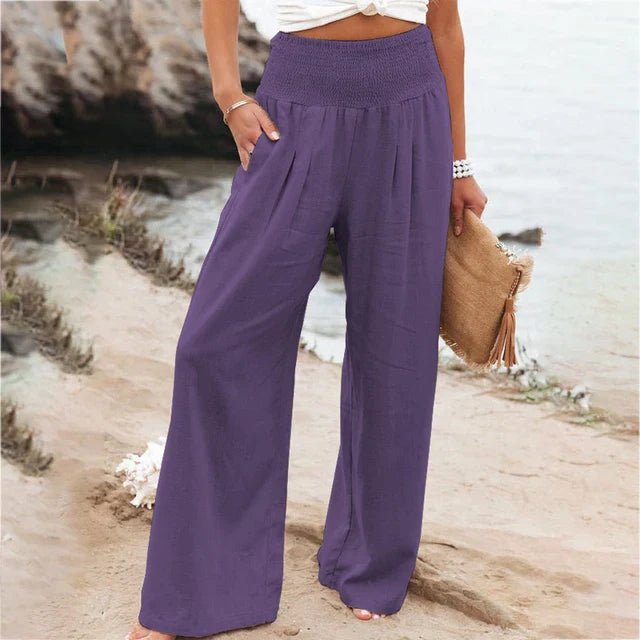 Linnen Pantalon Dames met Elastische Tailleband en Relaxed Fit - ZovaFashion - Lange Broek Dames