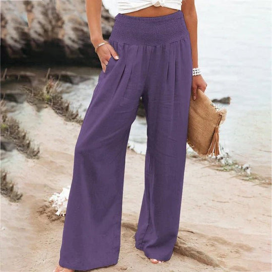 Linnen Pantalon Dames met Elastische Tailleband en Relaxed Fit - ZovaFashion - Lange Broek Dames