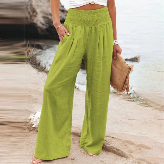 Linnen Pantalon Dames met Elastische Tailleband en Relaxed Fit - ZovaFashion - Lange Broek Dames