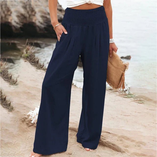 Linnen Pantalon Dames met Elastische Tailleband en Relaxed Fit - ZovaFashion - Lange Broek Dames