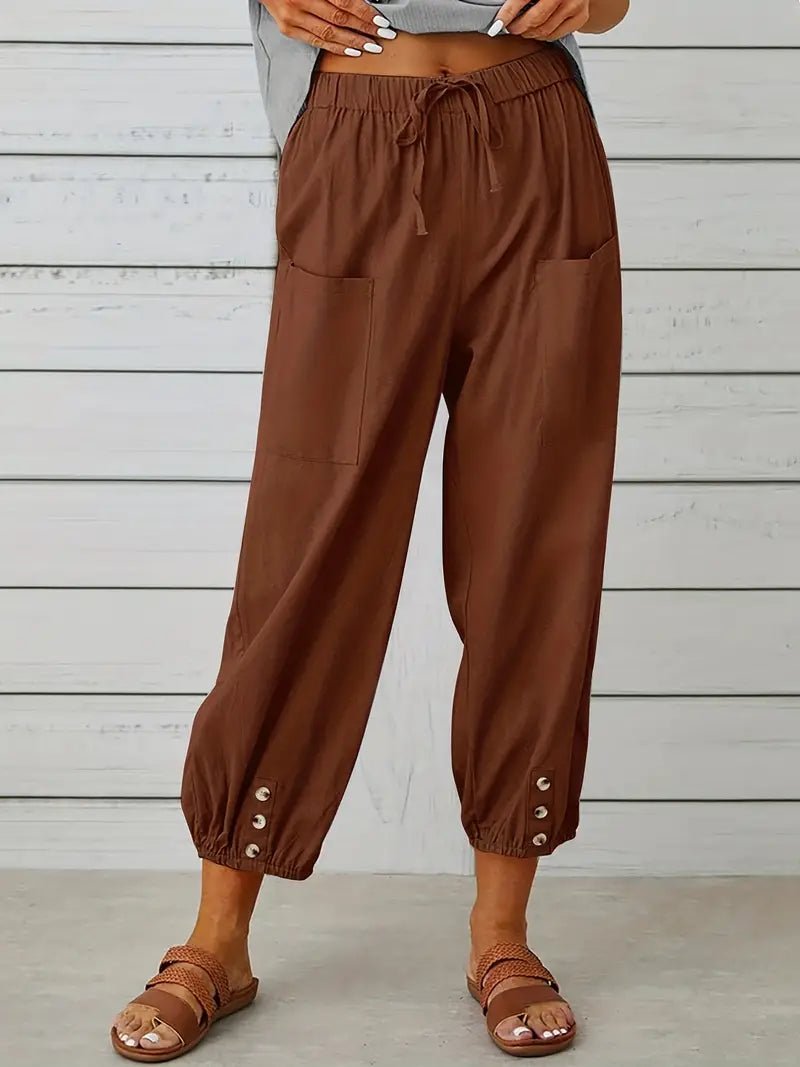 Linnen Pantalon Dames met Elastische Tailleband en Verkorte Lengte - ZovaFashion - Lange Broek Dames