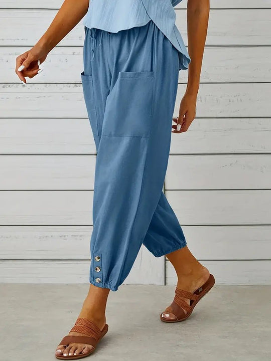 Linnen Pantalon Dames met Elastische Tailleband en Verkorte Lengte - ZovaFashion - Lange Broek Dames