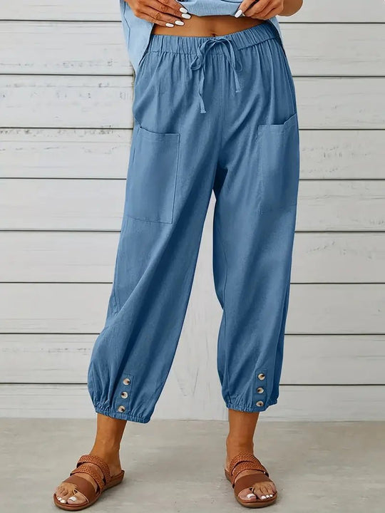 Linnen Pantalon Dames met Elastische Tailleband en Verkorte Lengte - ZovaFashion - Lange Broek Dames