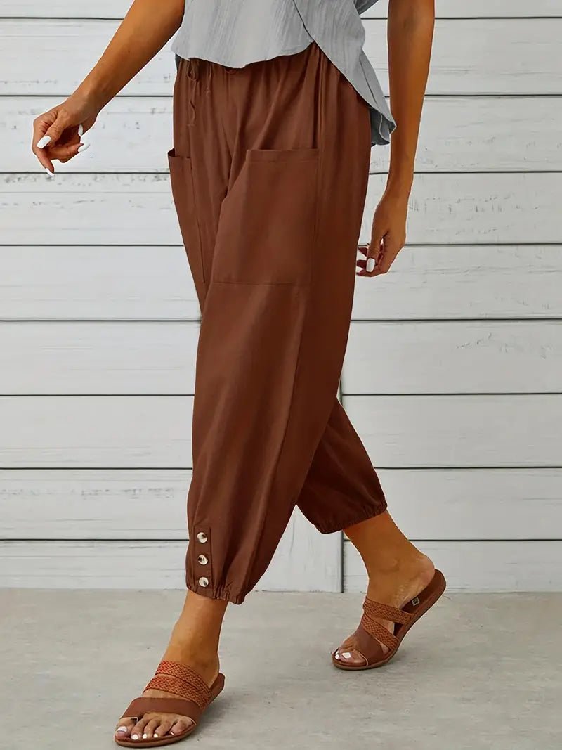 Linnen Pantalon Dames met Elastische Tailleband en Verkorte Lengte - ZovaFashion - Lange Broek Dames
