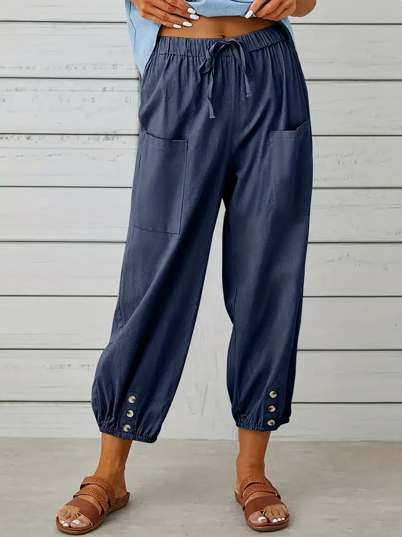 Linnen Pantalon Dames met Elastische Tailleband en Verkorte Lengte - ZovaFashion - Lange Broek Dames