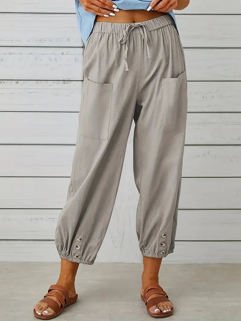 Linnen Pantalon Dames met Elastische Tailleband en Verkorte Lengte - ZovaFashion - Lange Broek Dames