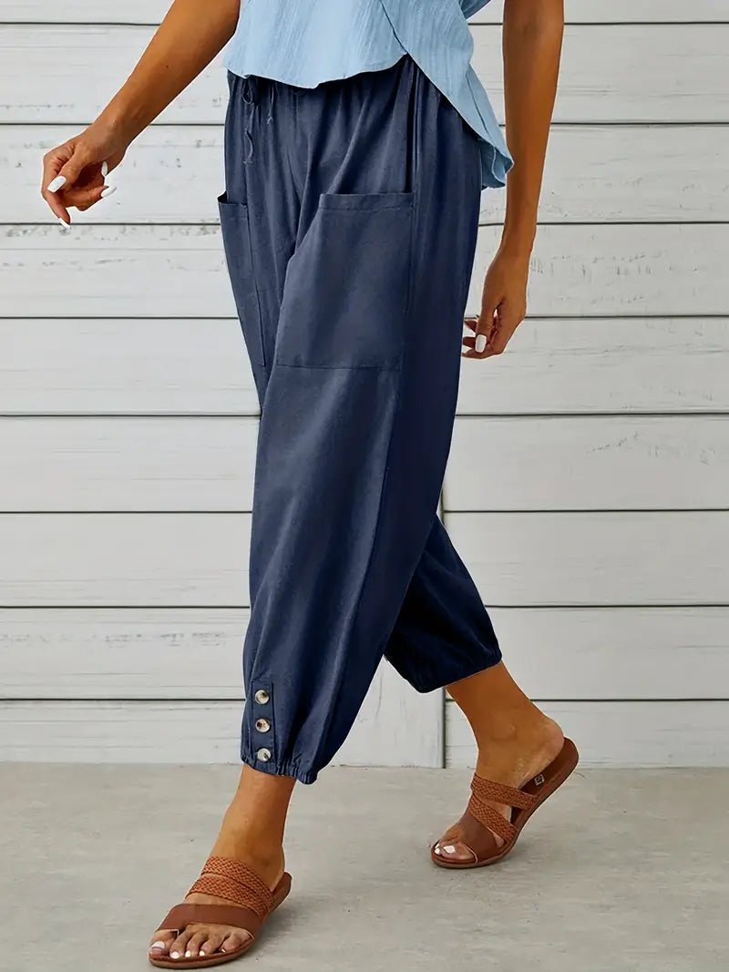 Linnen Pantalon Dames met Elastische Tailleband en Verkorte Lengte - ZovaFashion - Lange Broek Dames