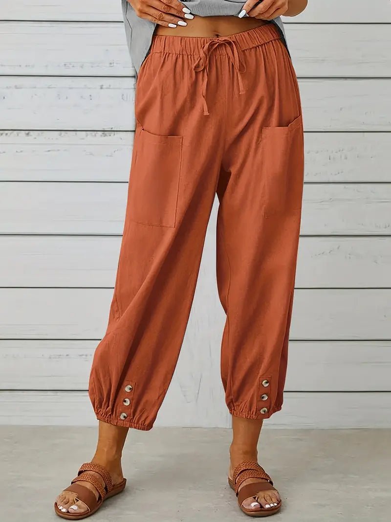 Linnen Pantalon Dames met Elastische Tailleband en Verkorte Lengte - ZovaFashion - Lange Broek Dames