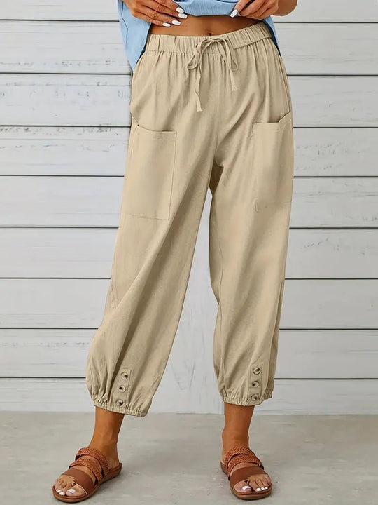 Linnen Pantalon Dames met Elastische Tailleband en Verkorte Lengte - ZovaFashion - Lange Broek Dames