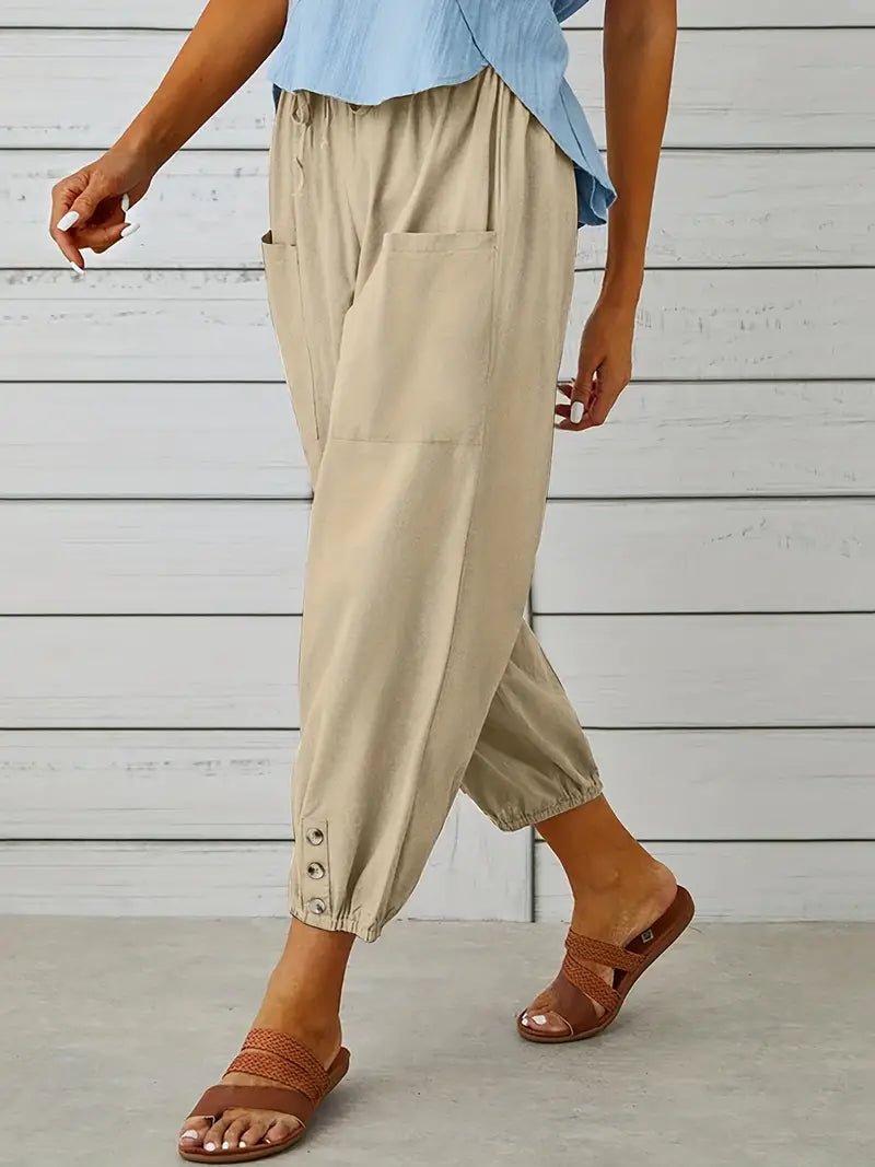 Linnen Pantalon Dames met Elastische Tailleband en Verkorte Lengte - ZovaFashion - Lange Broek Dames