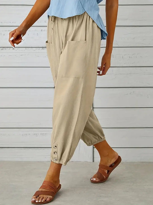 Linnen Pantalon Dames met Elastische Tailleband en Verkorte Lengte - ZovaFashion - Lange Broek Dames