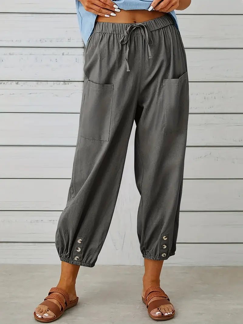 Linnen Pantalon Dames met Elastische Tailleband en Verkorte Lengte - ZovaFashion - Lange Broek Dames
