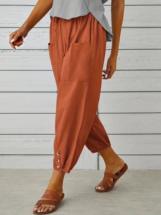 Linnen Pantalon Dames met Elastische Tailleband en Verkorte Lengte - ZovaFashion - Lange Broek Dames
