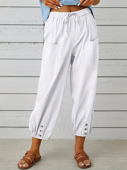 Linnen Pantalon Dames met Elastische Tailleband en Verkorte Lengte - ZovaFashion - Lange Broek Dames