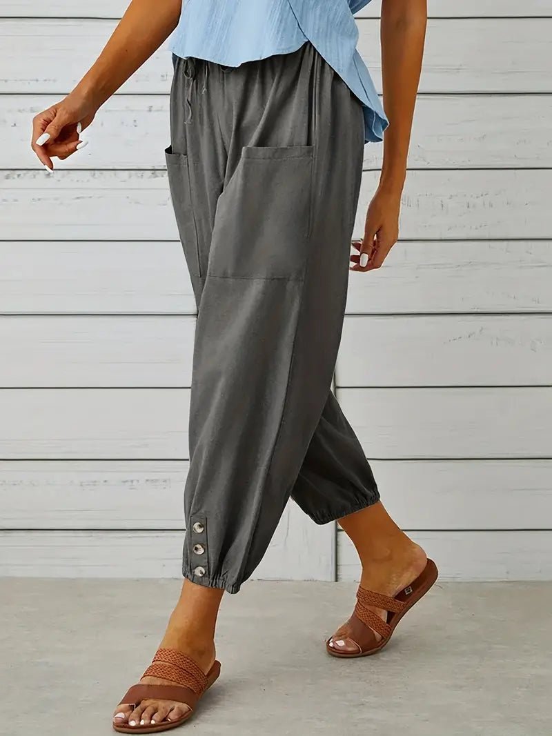 Linnen Pantalon Dames met Elastische Tailleband en Verkorte Lengte - ZovaFashion - Lange Broek Dames