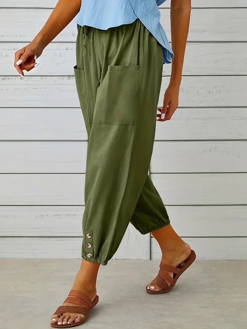 Linnen Pantalon Dames met Elastische Tailleband en Verkorte Lengte - ZovaFashion - Lange Broek Dames