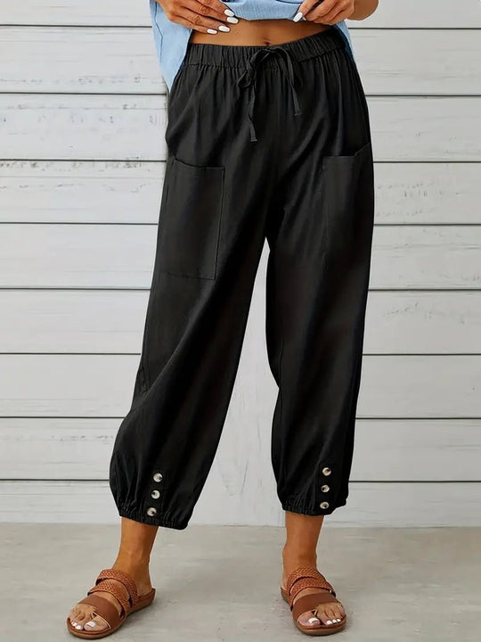 Linnen Pantalon Dames met Elastische Tailleband en Verkorte Lengte - ZovaFashion - Lange Broek Dames