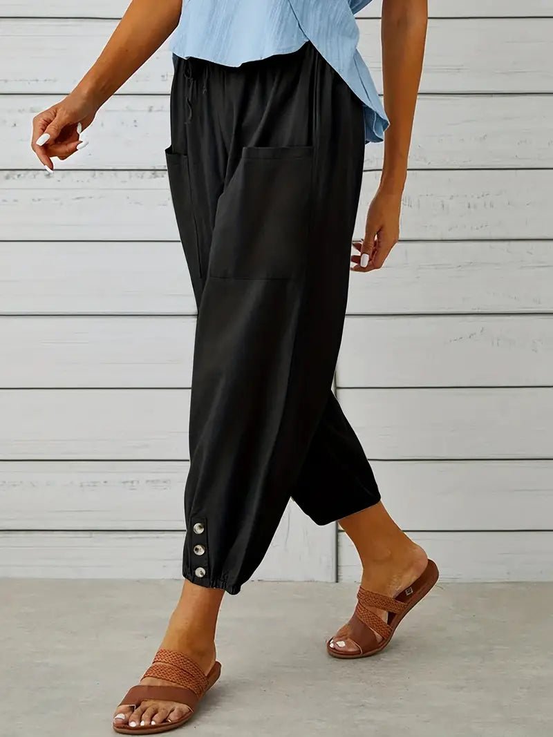 Linnen Pantalon Dames met Elastische Tailleband en Verkorte Lengte - ZovaFashion - Lange Broek Dames
