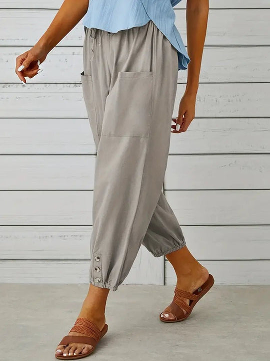 Linnen Pantalon Dames met Elastische Tailleband en Verkorte Lengte - ZovaFashion - Lange Broek Dames