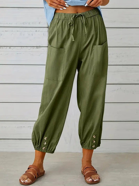 Linnen Pantalon Dames met Elastische Tailleband en Verkorte Lengte - ZovaFashion - Lange Broek Dames