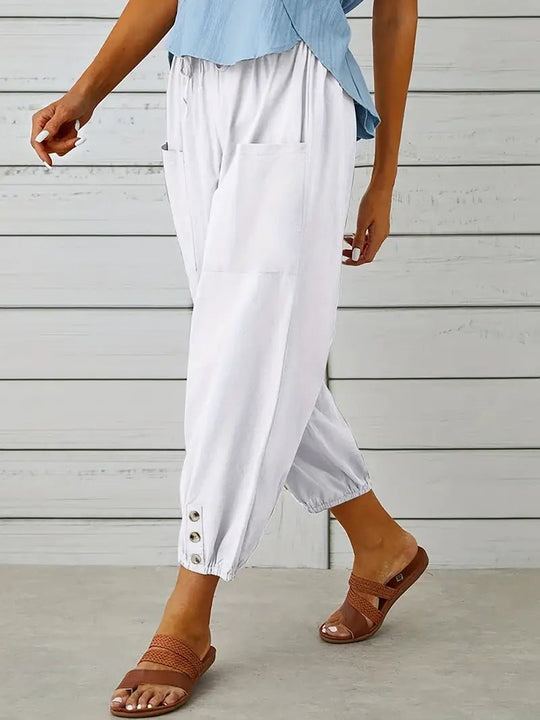 Linnen Pantalon Dames met Elastische Tailleband en Verkorte Lengte - ZovaFashion - Lange Broek Dames