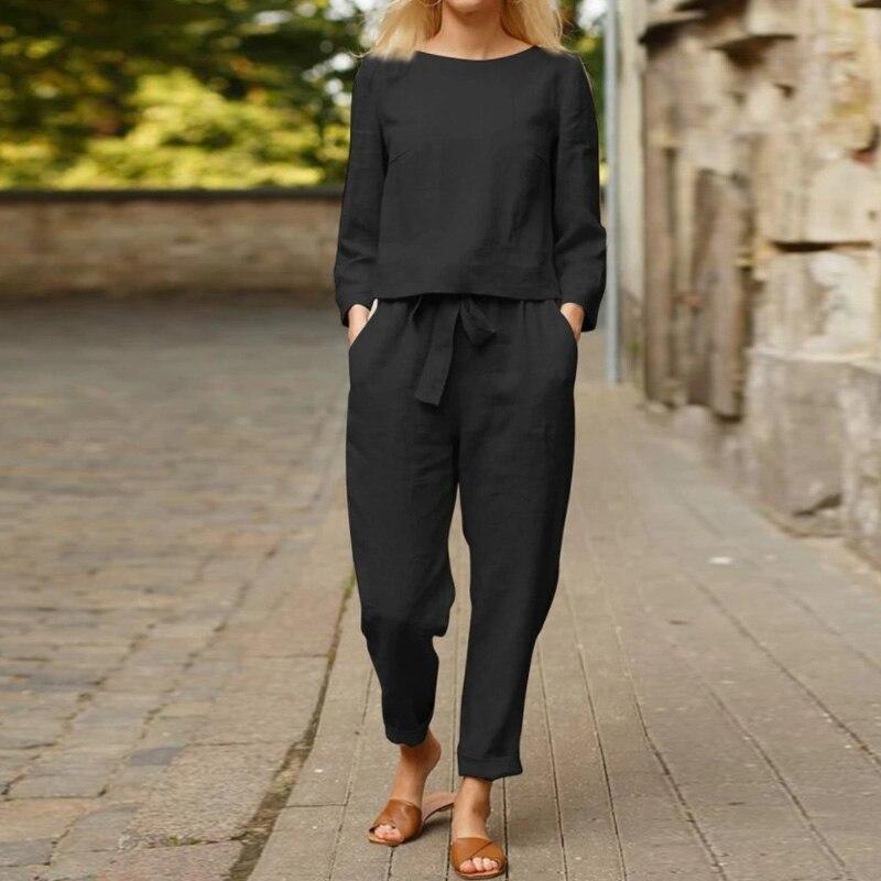 Linnen Set Dames met Knoopsluiting en Verstelbare Tailleband - Zova - Fashion