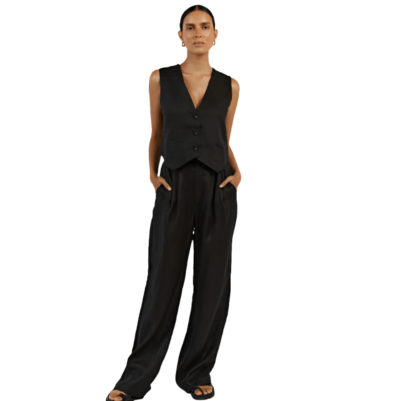 Linnen Set Dames met Mouwloos Gilet en Wijde High - Waisted Broek - Zova - Fashion