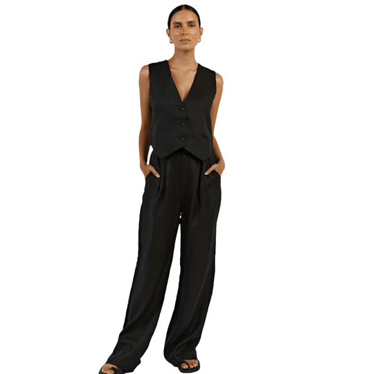 Linnen Set Dames met Mouwloos Gilet en Wijde High - Waisted Broek - Zova - Fashion