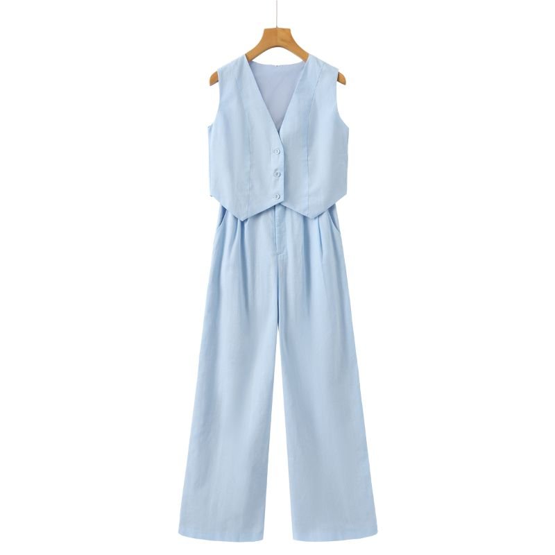 Linnen Set Dames met Mouwloos Gilet en Wijde High - Waisted Broek - Zova - Fashion