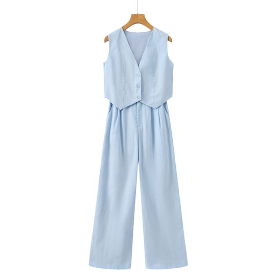 Linnen Set Dames met Mouwloos Gilet en Wijde High - Waisted Broek - Zova - Fashion
