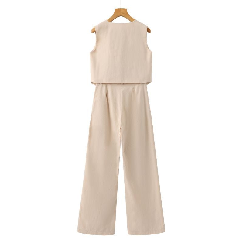 Linnen Set Dames met Mouwloos Gilet en Wijde High - Waisted Broek - Zova - Fashion