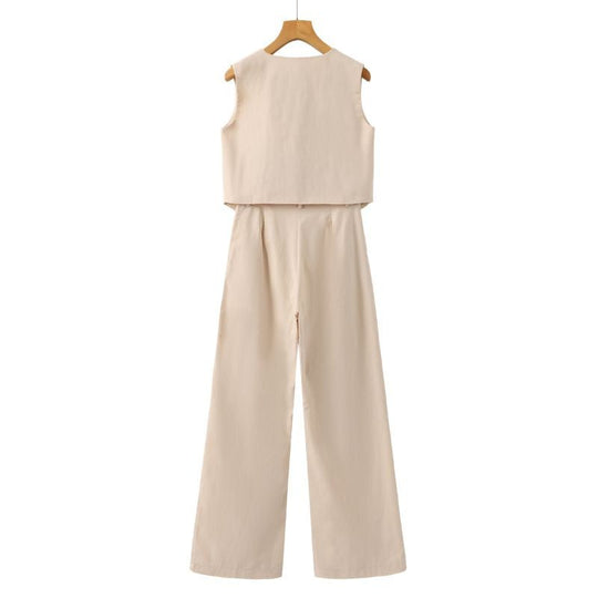 Linnen Set Dames met Mouwloos Gilet en Wijde High - Waisted Broek - Zova - Fashion