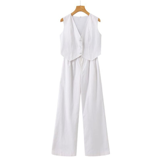 Linnen Set Dames met Mouwloos Gilet en Wijde High - Waisted Broek - Zova - Fashion