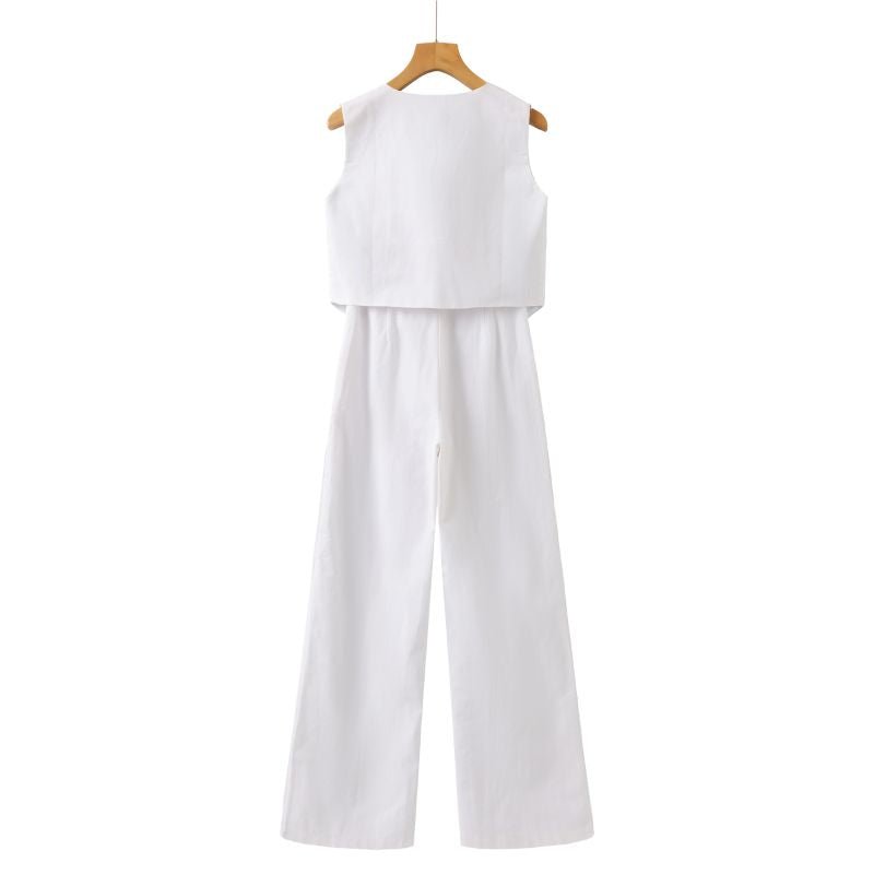 Linnen Set Dames met Mouwloos Gilet en Wijde High - Waisted Broek - Zova - Fashion