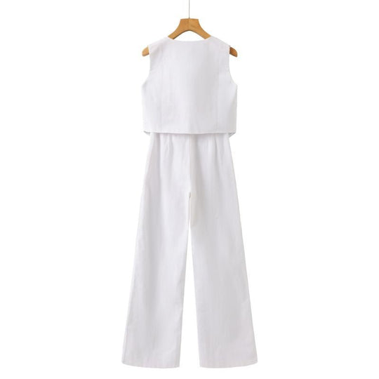 Linnen Set Dames met Mouwloos Gilet en Wijde High - Waisted Broek - Zova - Fashion